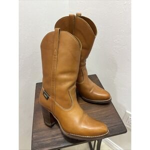 Lee Western Cowboy Boots Women Tan Brown Good Condition Leather Block Heel
